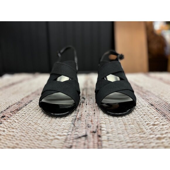 Studio Works Ladies Black Open Toe Elastic Strap 3” Heels With Bonded Leather So - Picture 3 of 8